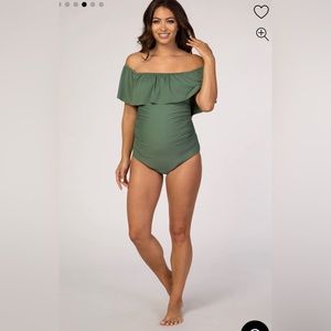 PinkBlush Olive Ruffle Trim Ruched One-Piece Maternity Swimsuit — size M